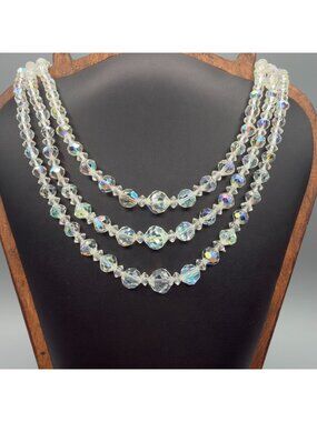 Vintage Aurora Borealis Multi Strand Crystal Bead Necklace 16 in Adjustable